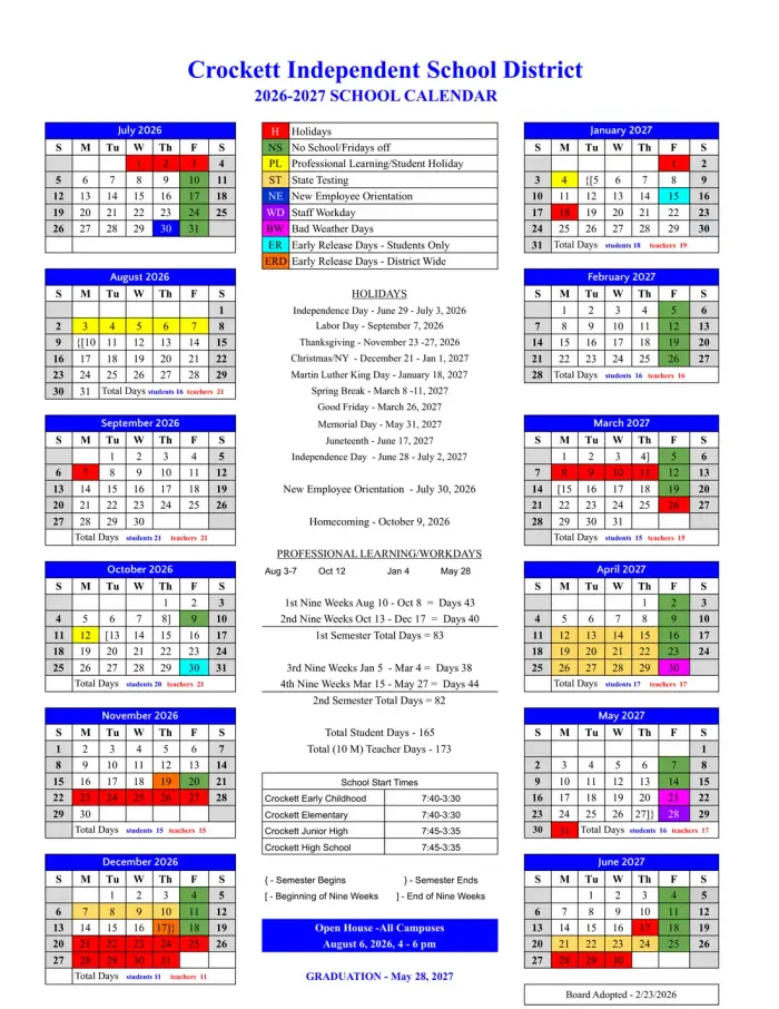 Crockett ISD 2026–2027 academic calendar