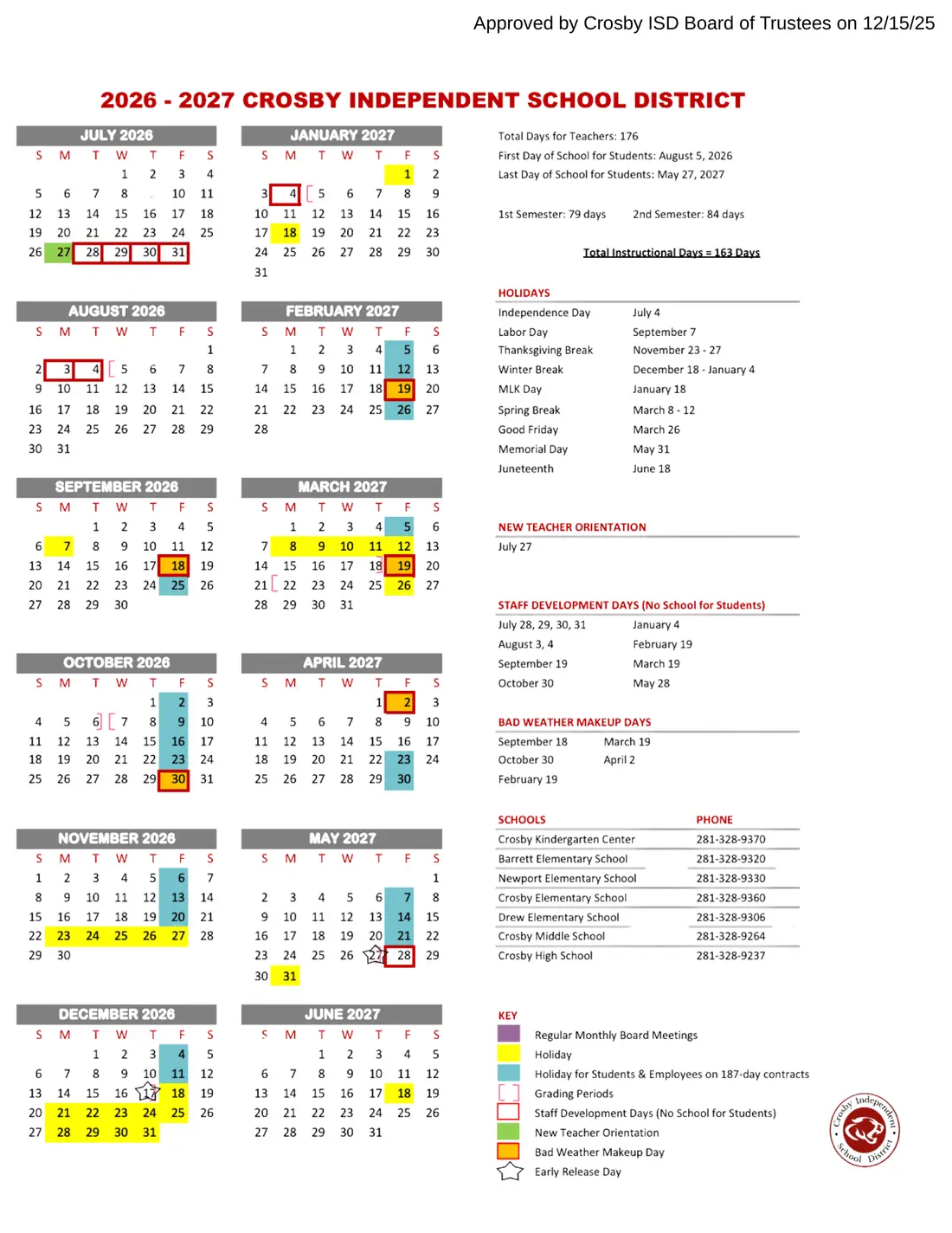 Crosby ISD 2026–2027 academic calendar
