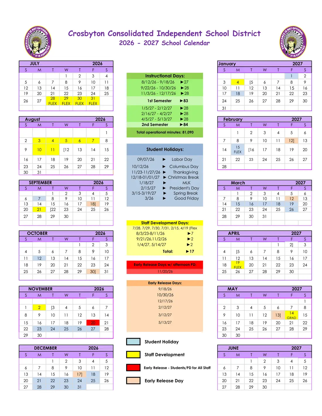 Crosbyton CISD 2026–2027 academic calendar