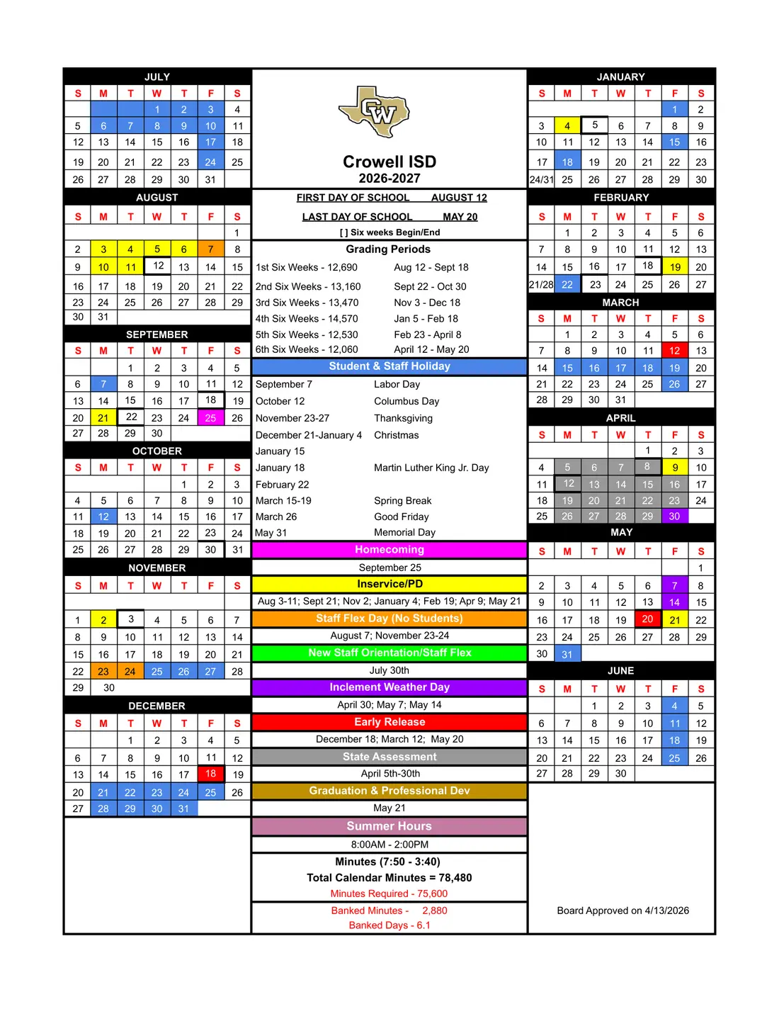 Crowell ISD 2026–2027 academic calendar