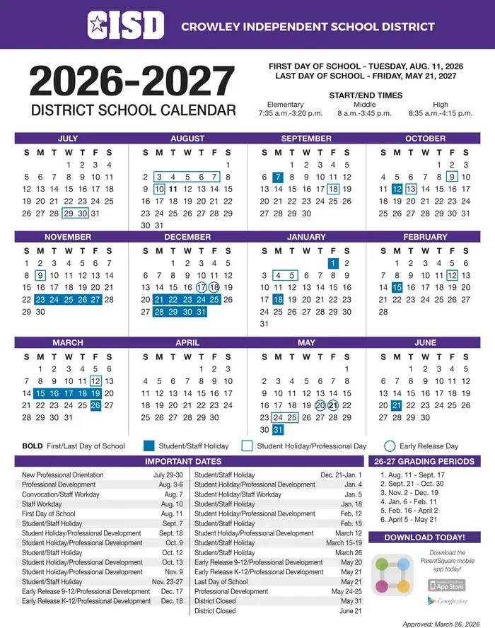 Crowley ISD 2026–2027 academic calendar