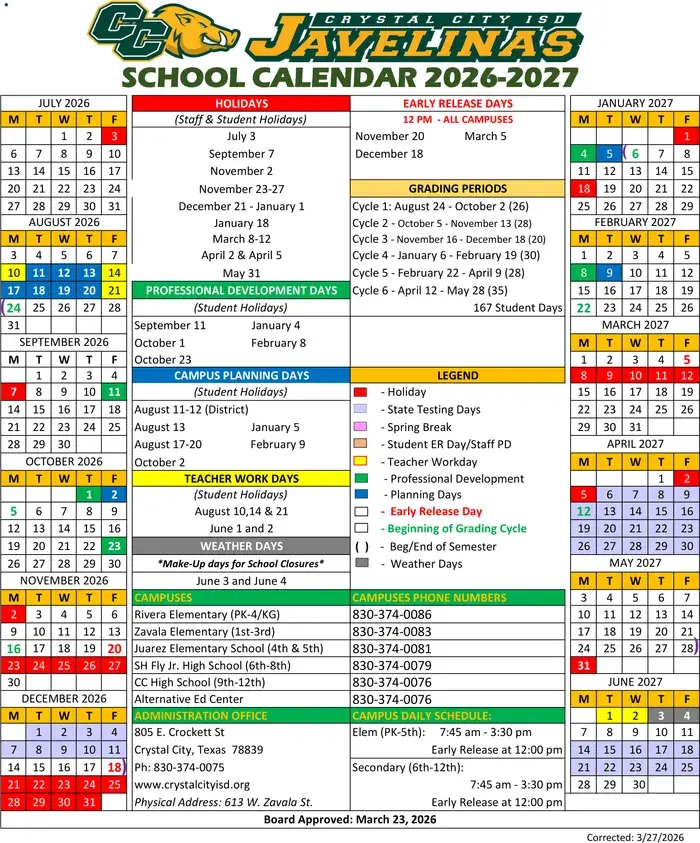 Crystal City ISD 2026–2027 academic calendar