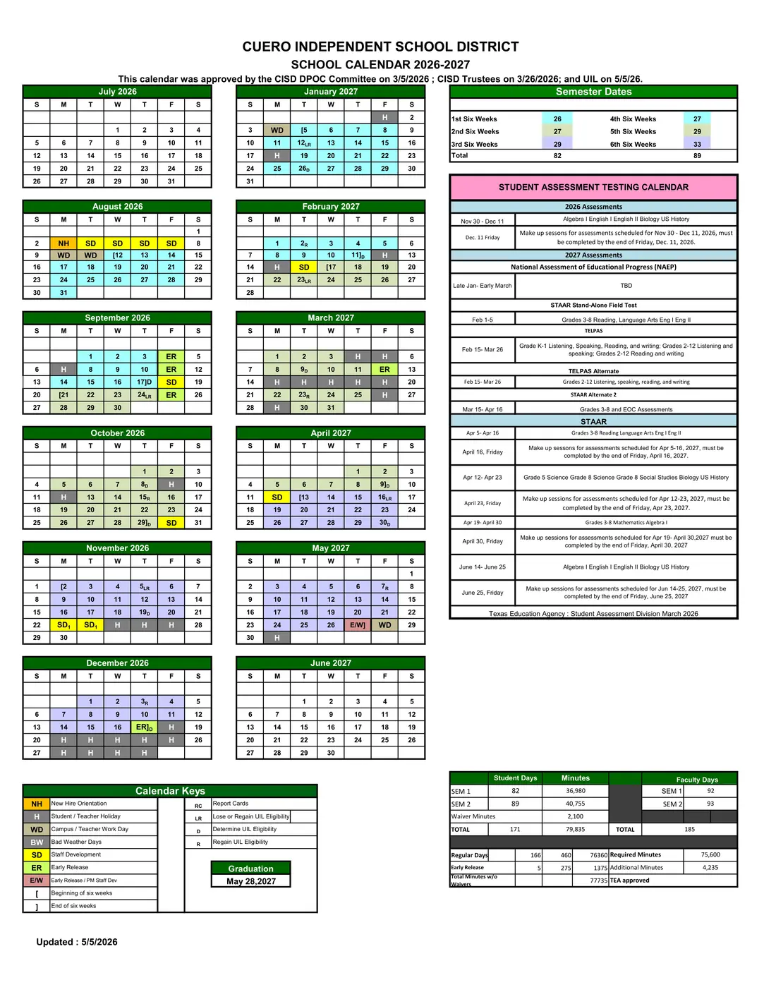 Cuero ISD 2026–2027 academic calendar