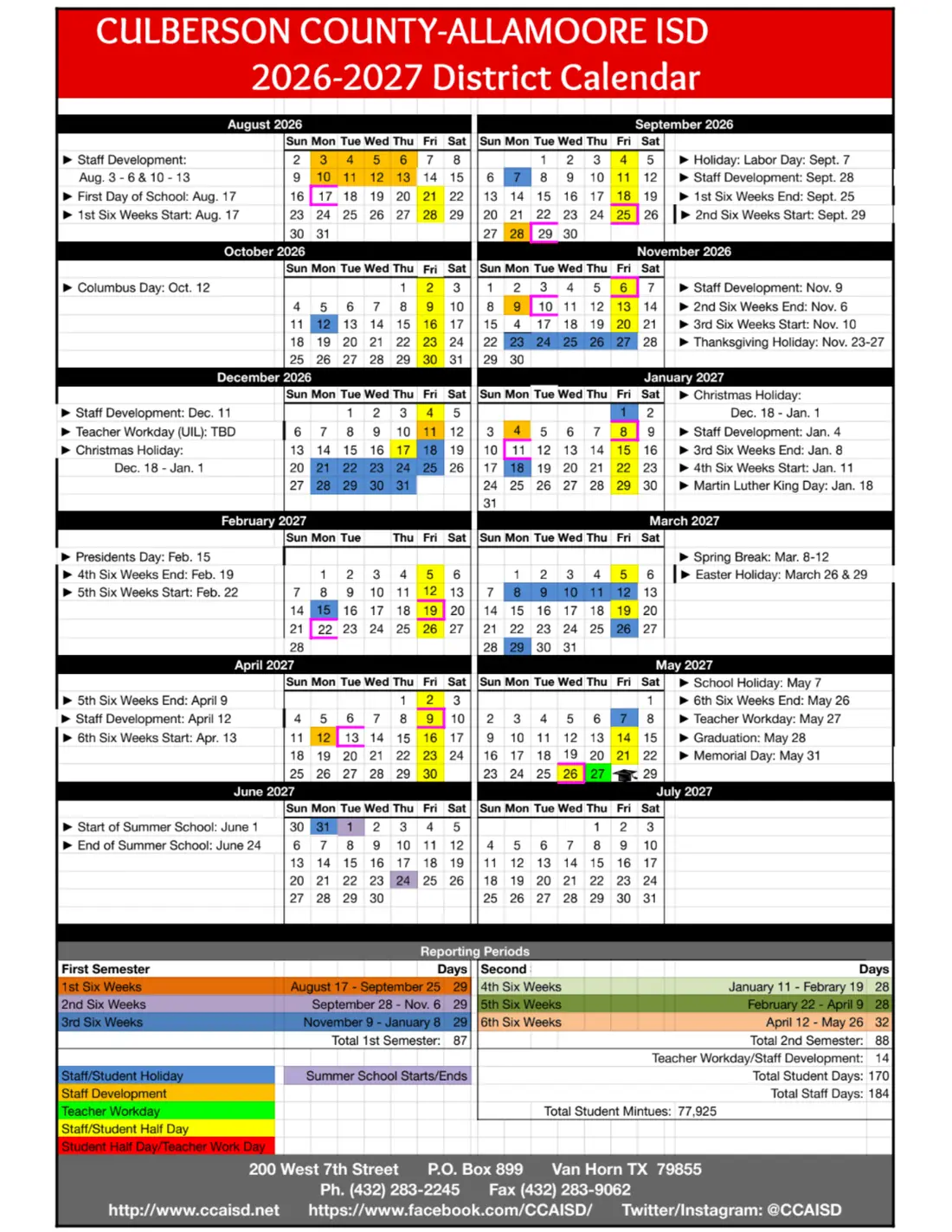 Culberson County-allamoore ISD 2026–2027 academic calendar