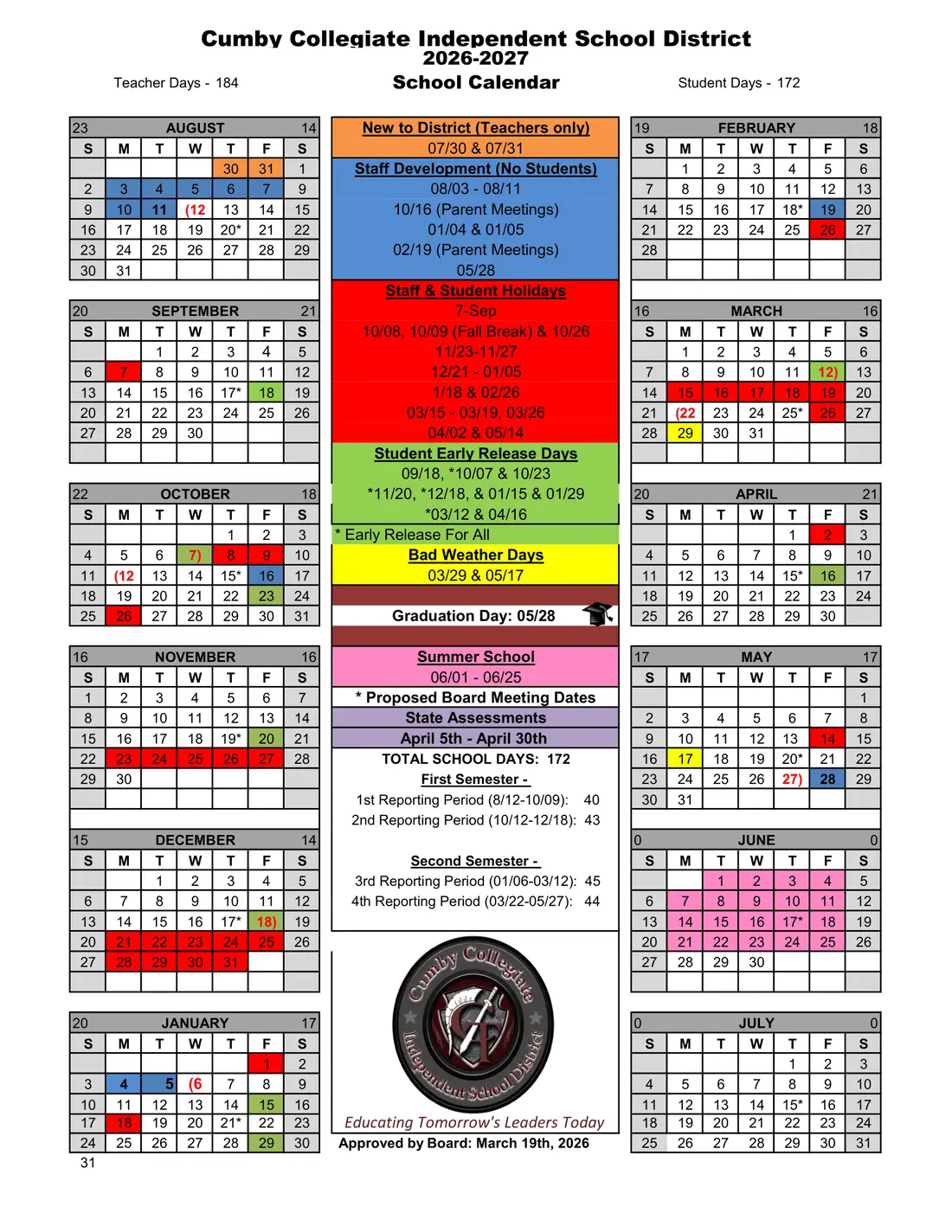 Cumby Collegiate ISD 2026–2027 academic calendar