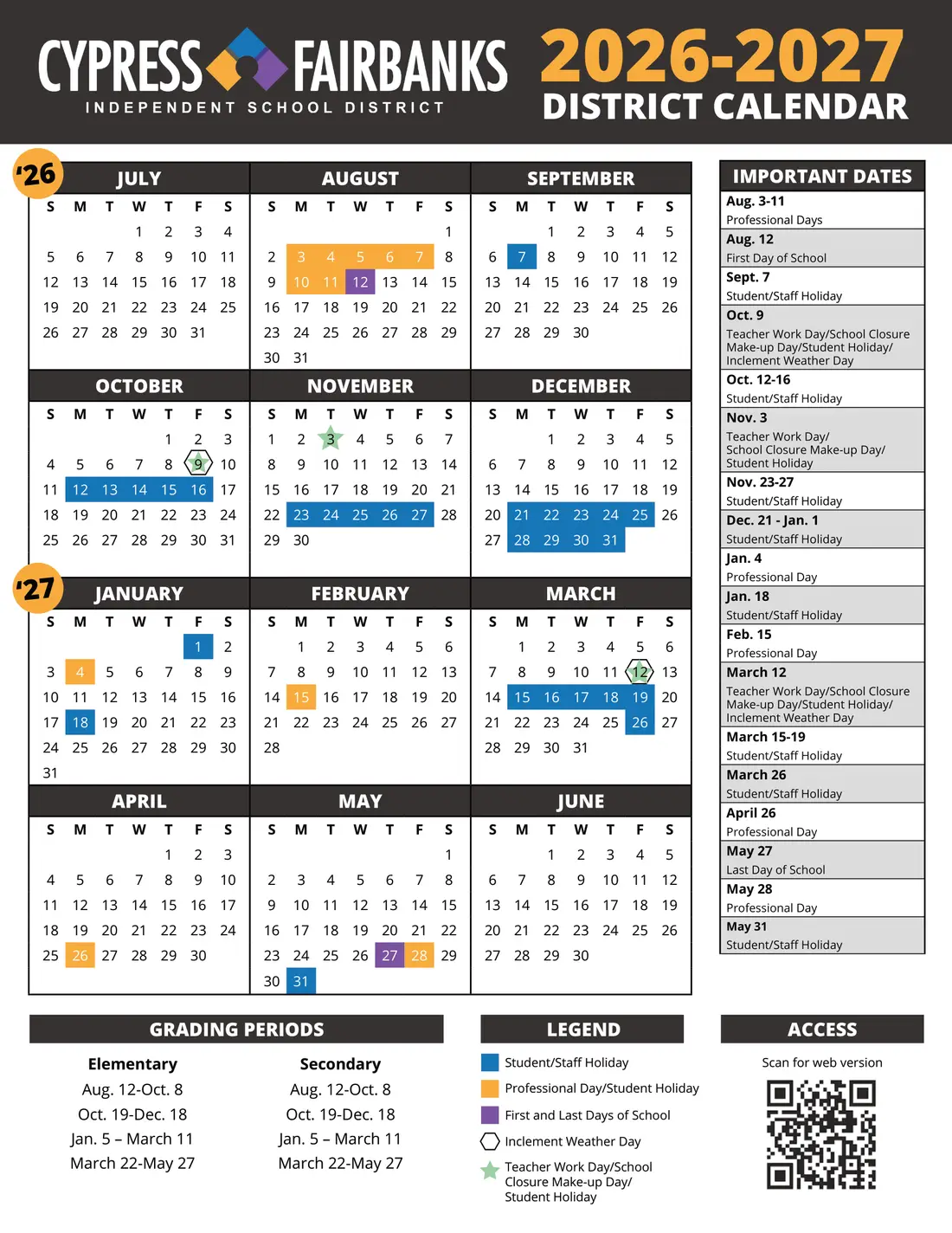 Cypress-fairbanks ISD 2026–2027 academic calendar
