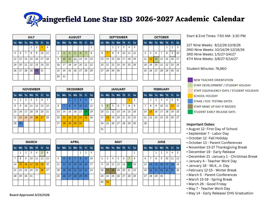 Daingerfield-lone Star ISD 2026–2027 academic calendar