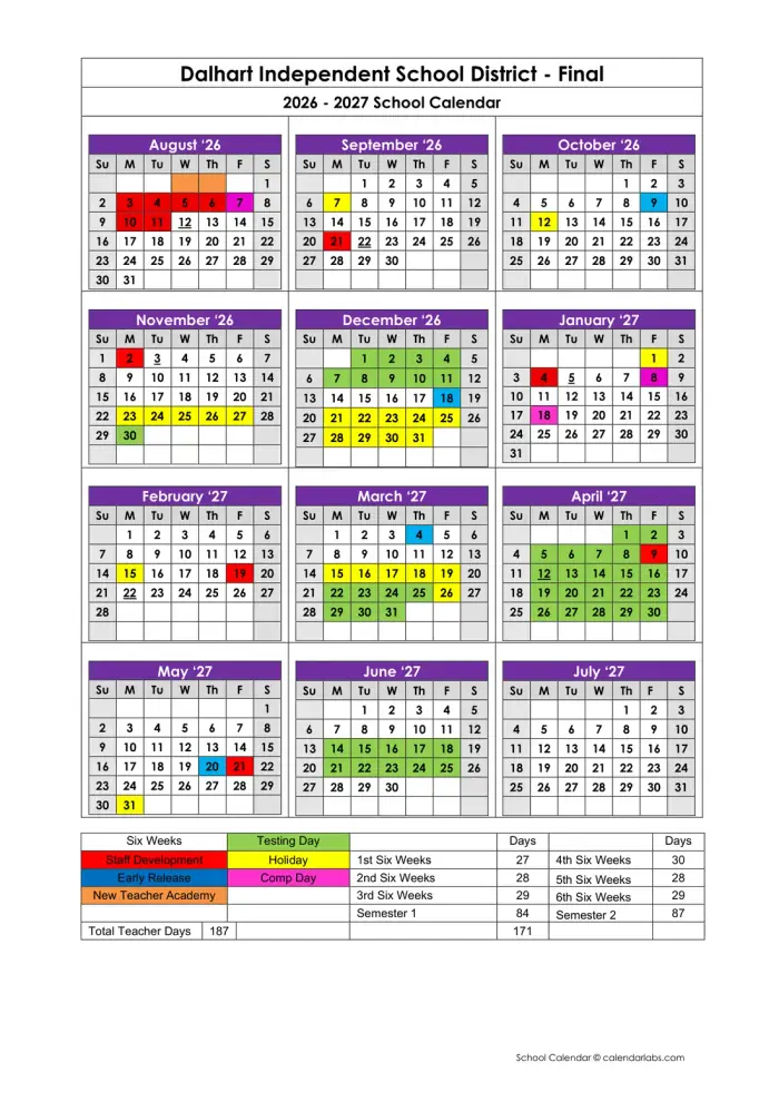 Dalhart ISD 2026–2027 academic calendar