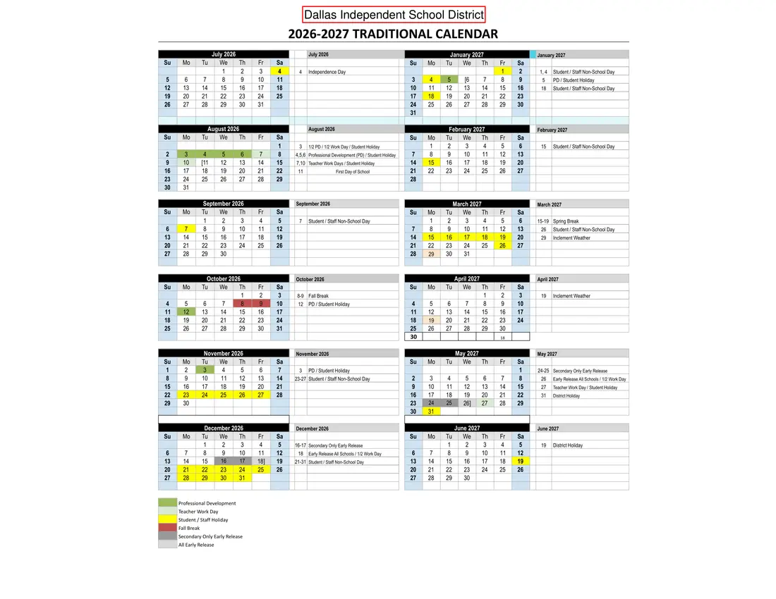Dallas ISD 2026–2027 school calendar