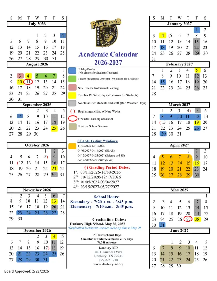 Danbury ISD 2026–2027 academic calendar