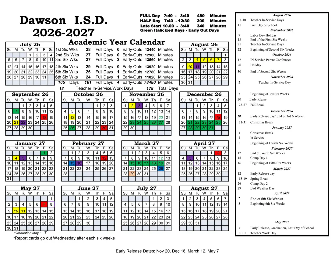 Dawson ISD 2026–2027 academic calendar
