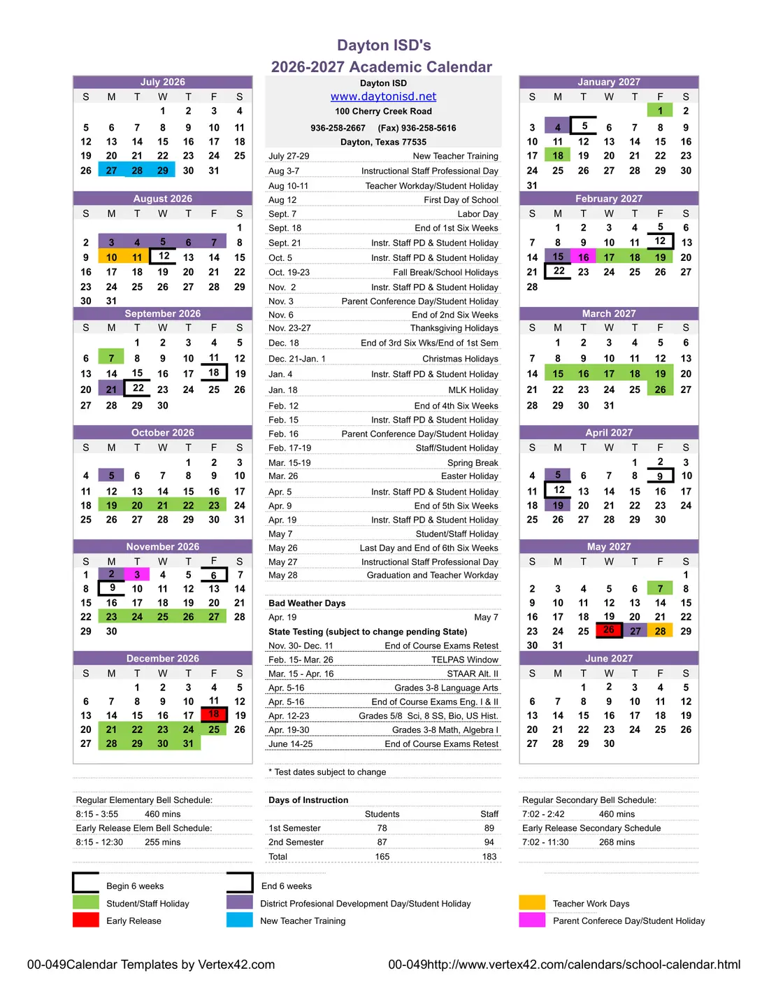 Dayton ISD 2026–2027 academic calendar