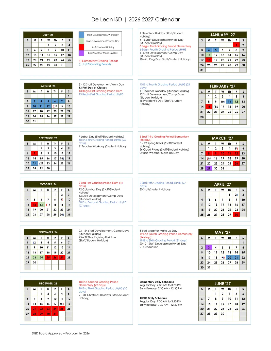 De Leon ISD 2026–2027 academic calendar