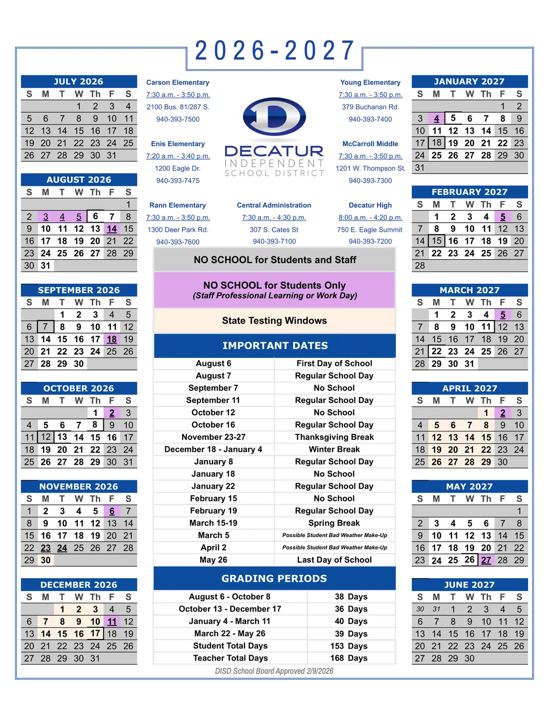 Decatur ISD 2026–2027 academic calendar