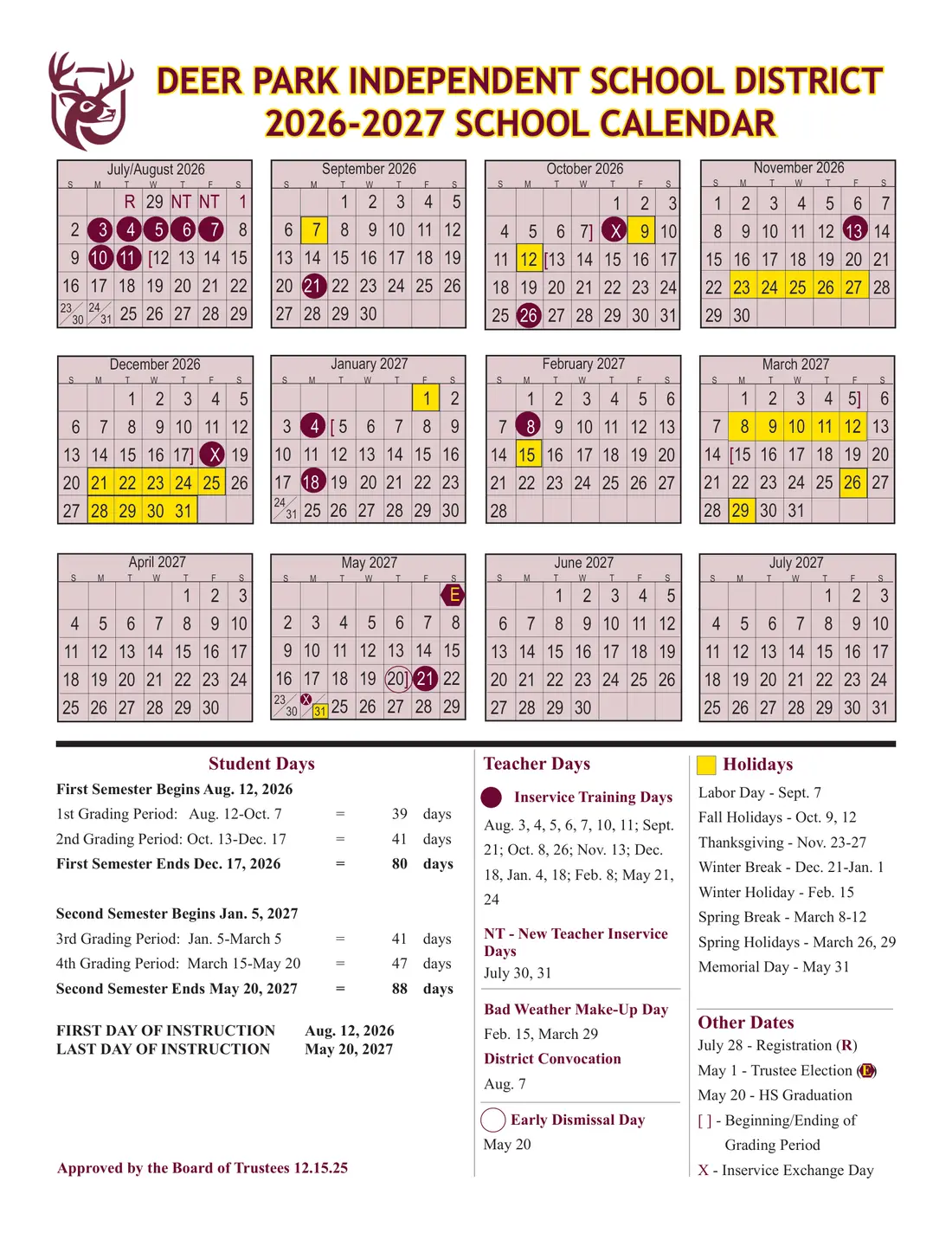 Deer Park ISD 2026–2027 academic calendar