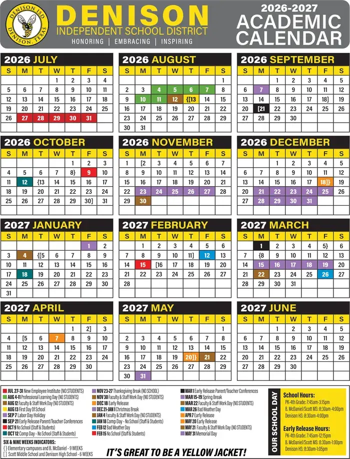 Denison ISD 2026–2027 academic calendar