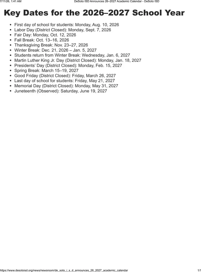 Desoto ISD 2026–2027 academic calendar