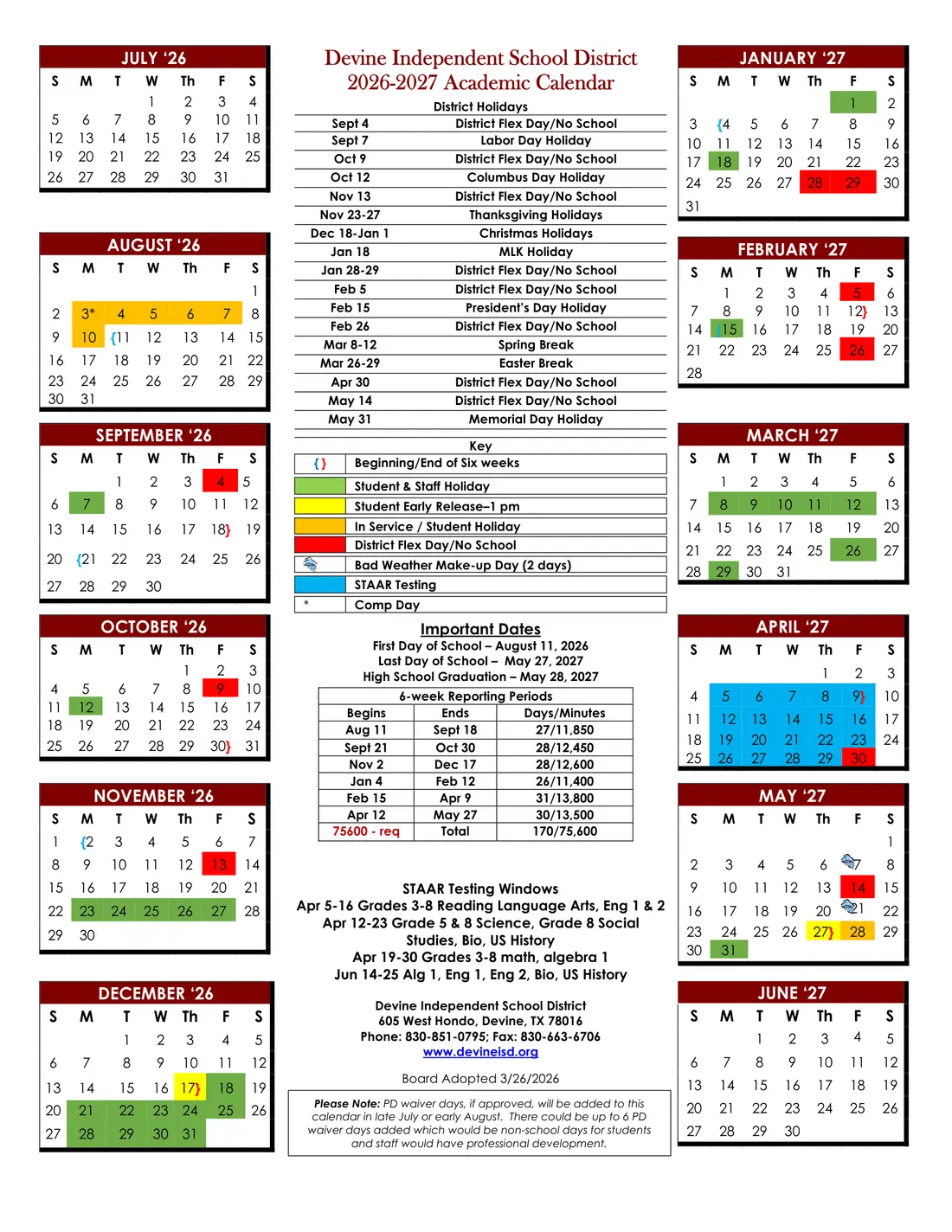 Devine ISD 2026–2027 academic calendar