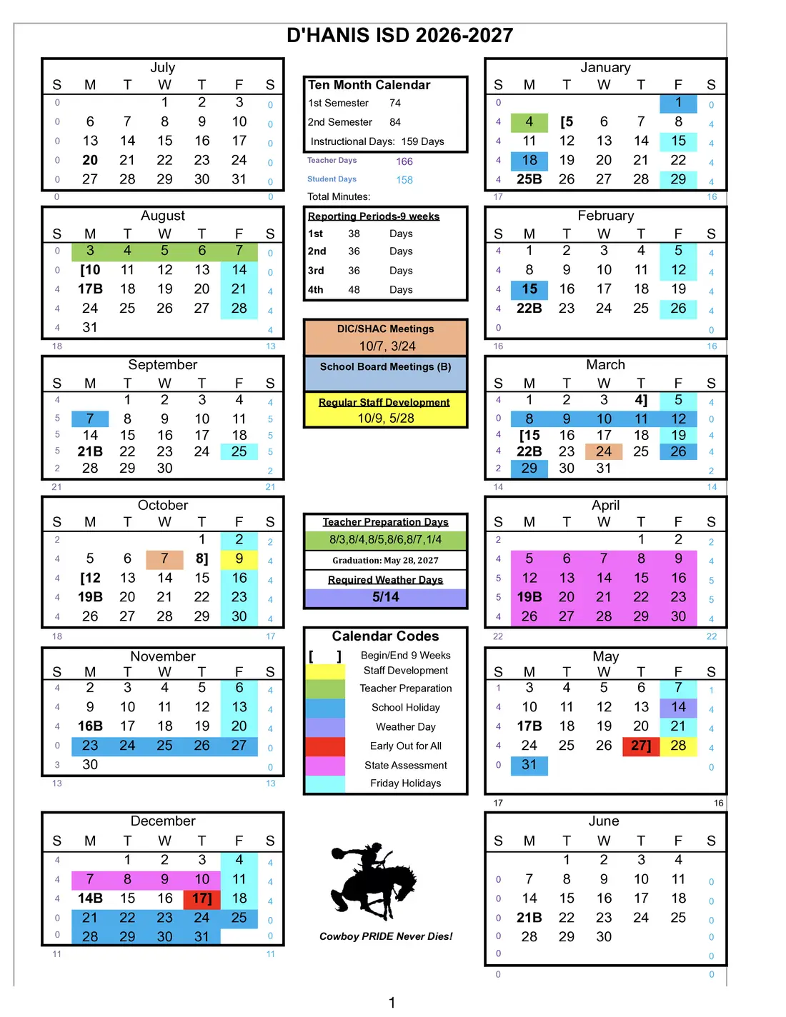 D'hanis ISD 2026–2027 academic calendar