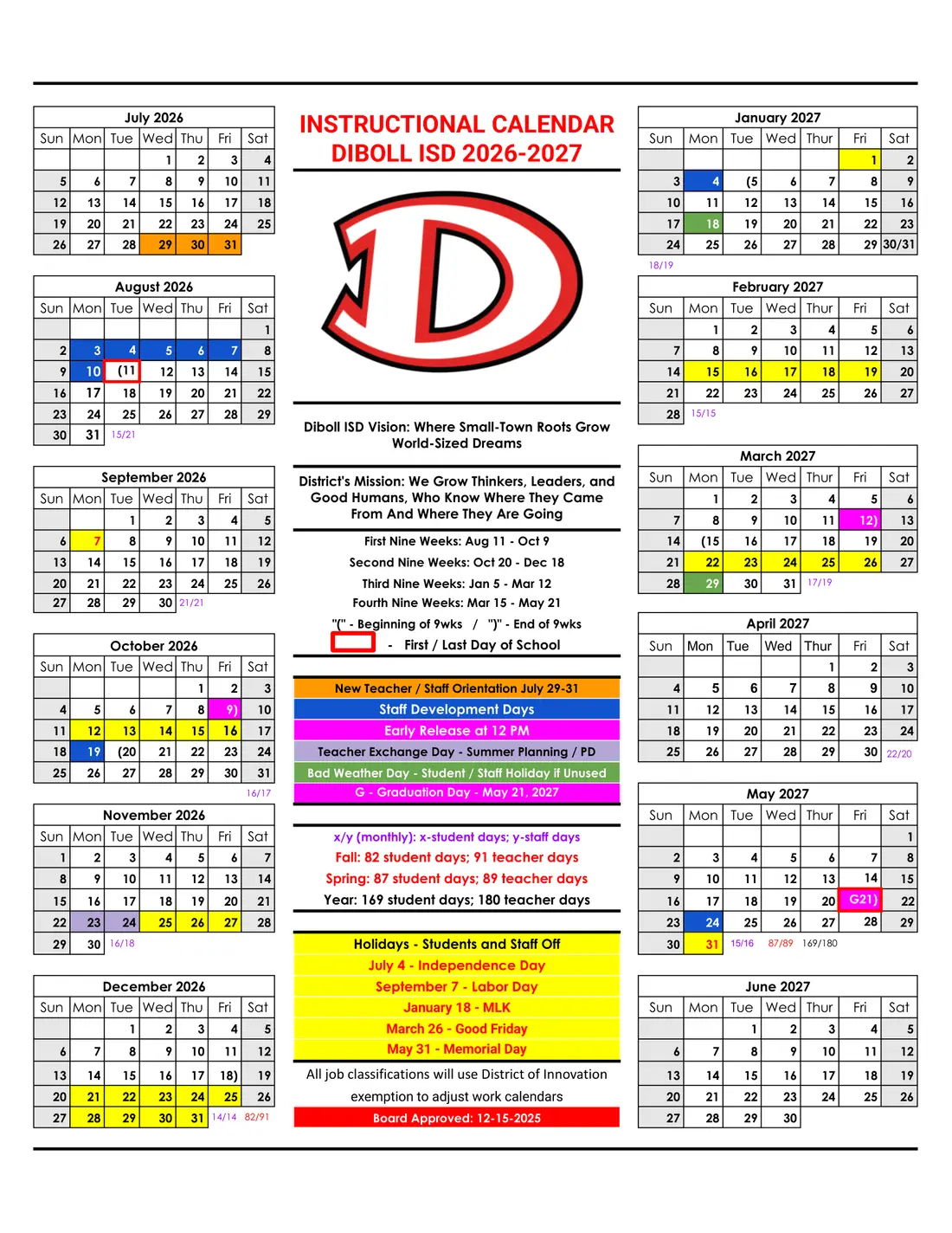 Diboll ISD 2026–2027 academic calendar