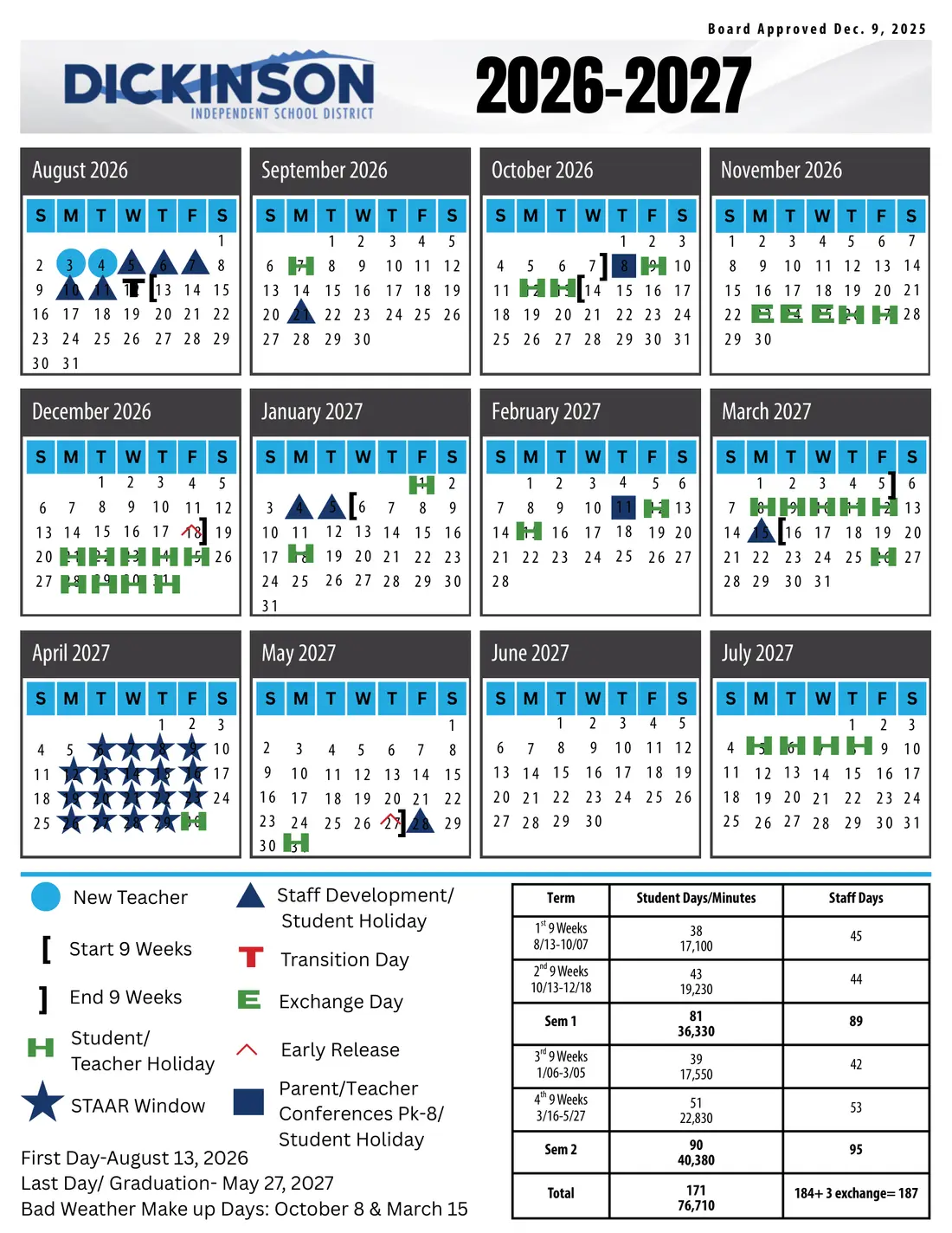 Dickinson ISD 2026–2027 academic calendar