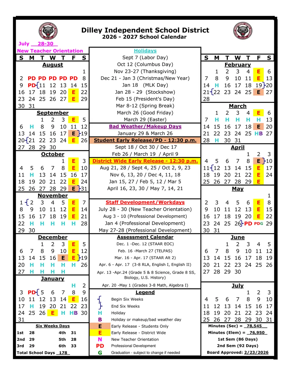 Dilley ISD 2026–2027 academic calendar