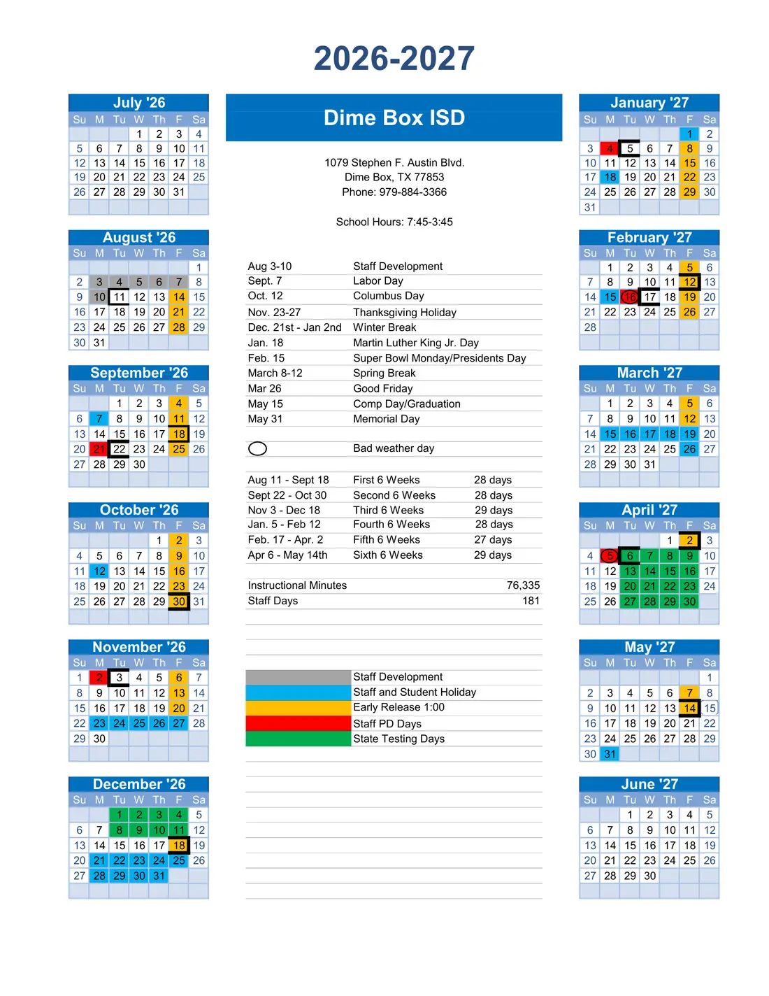 Dime Box ISD 2026–2027 academic calendar