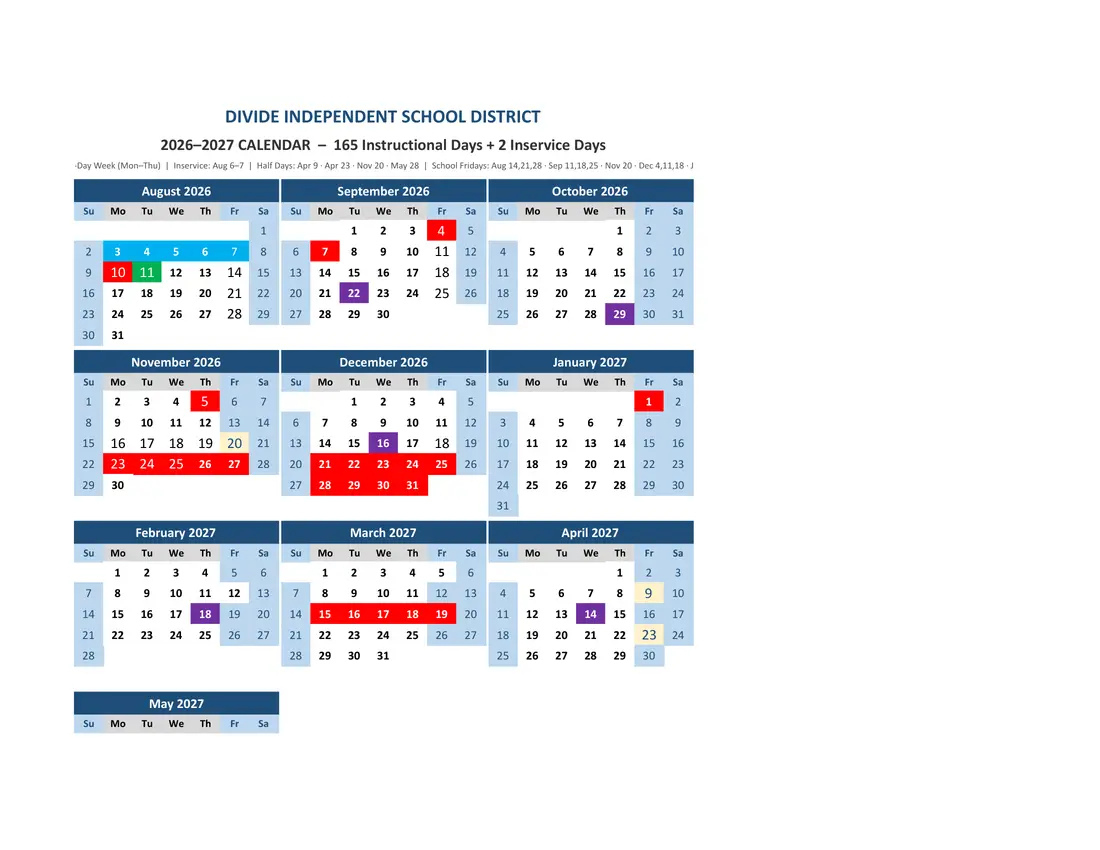 Divide ISD 2026–2027 academic calendar