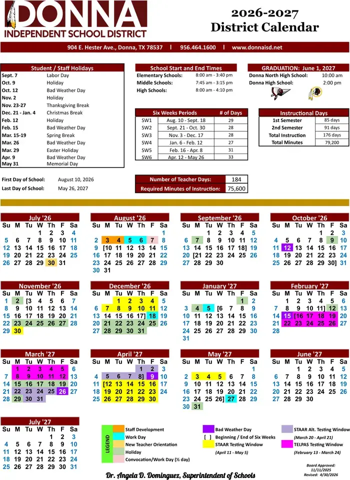 Donna ISD 2026–2027 academic calendar