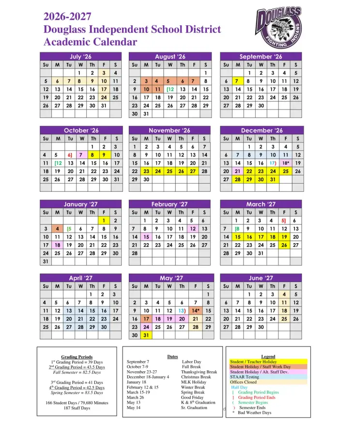 Douglass ISD 2026–2027 academic calendar