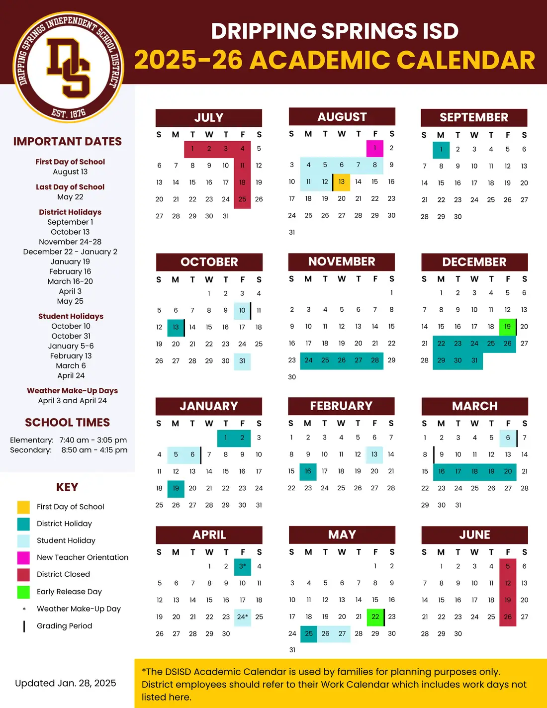 Dripping Springs ISD 2026–2027 academic calendar