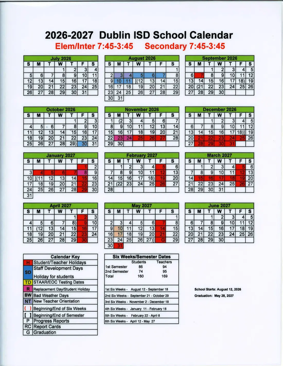 Dublin ISD 2026–2027 academic calendar