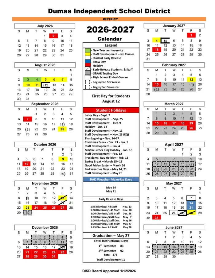 Dumas ISD 2026–2027 academic calendar