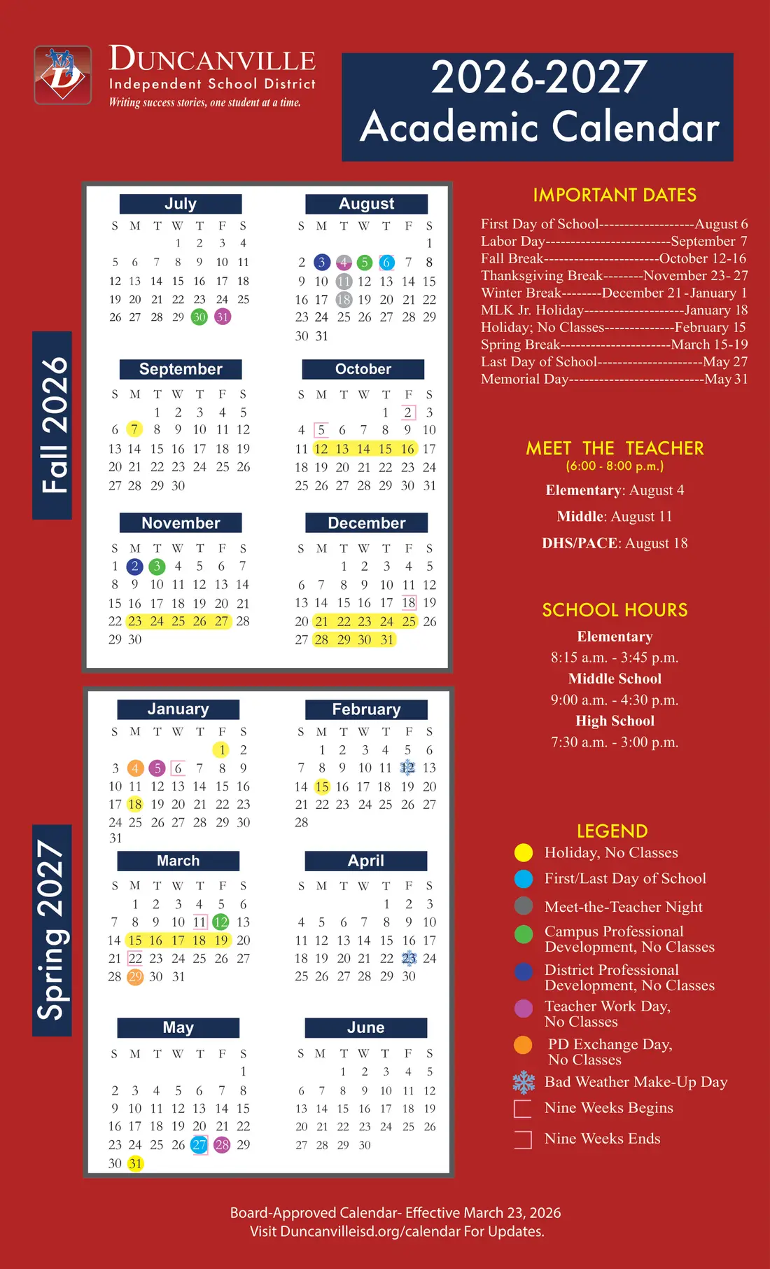 Duncanville ISD 2026–2027 academic calendar