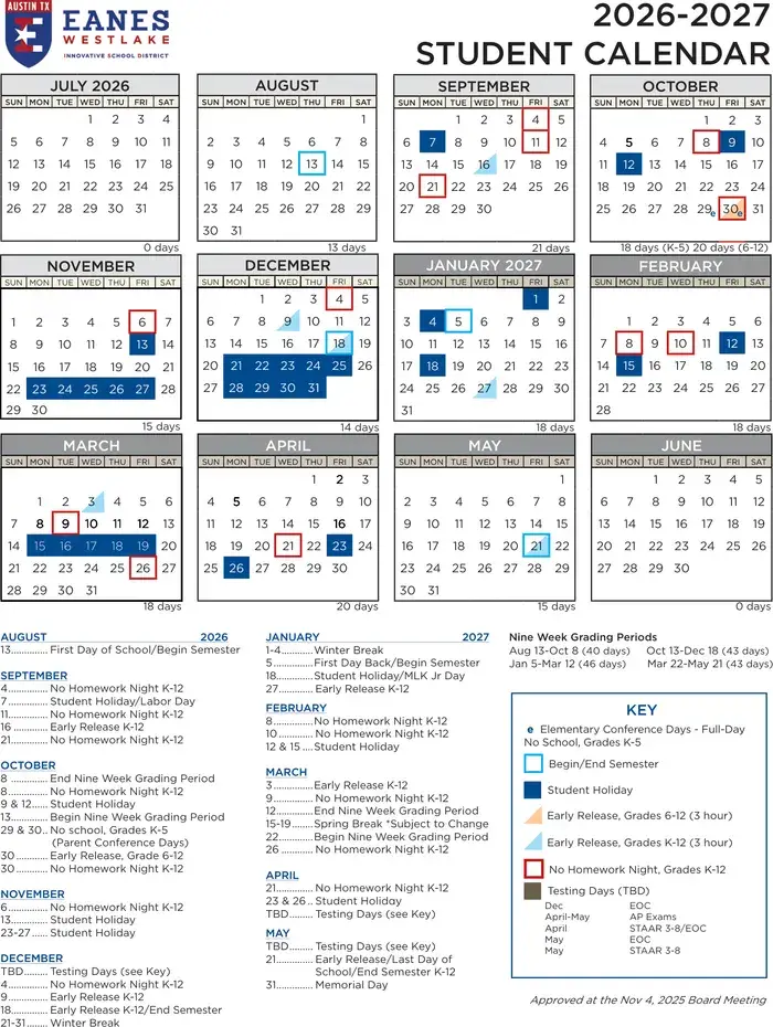 Eanes ISD 2026–2027 academic calendar