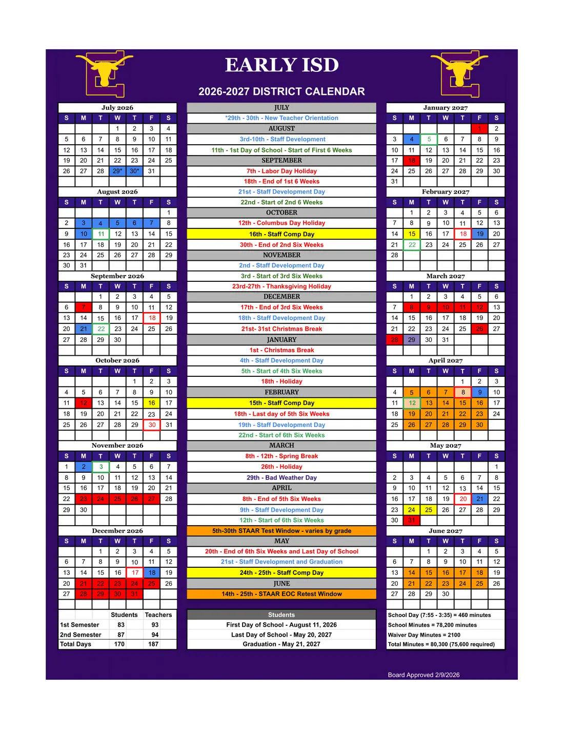 Early ISD 2026–2027 academic calendar