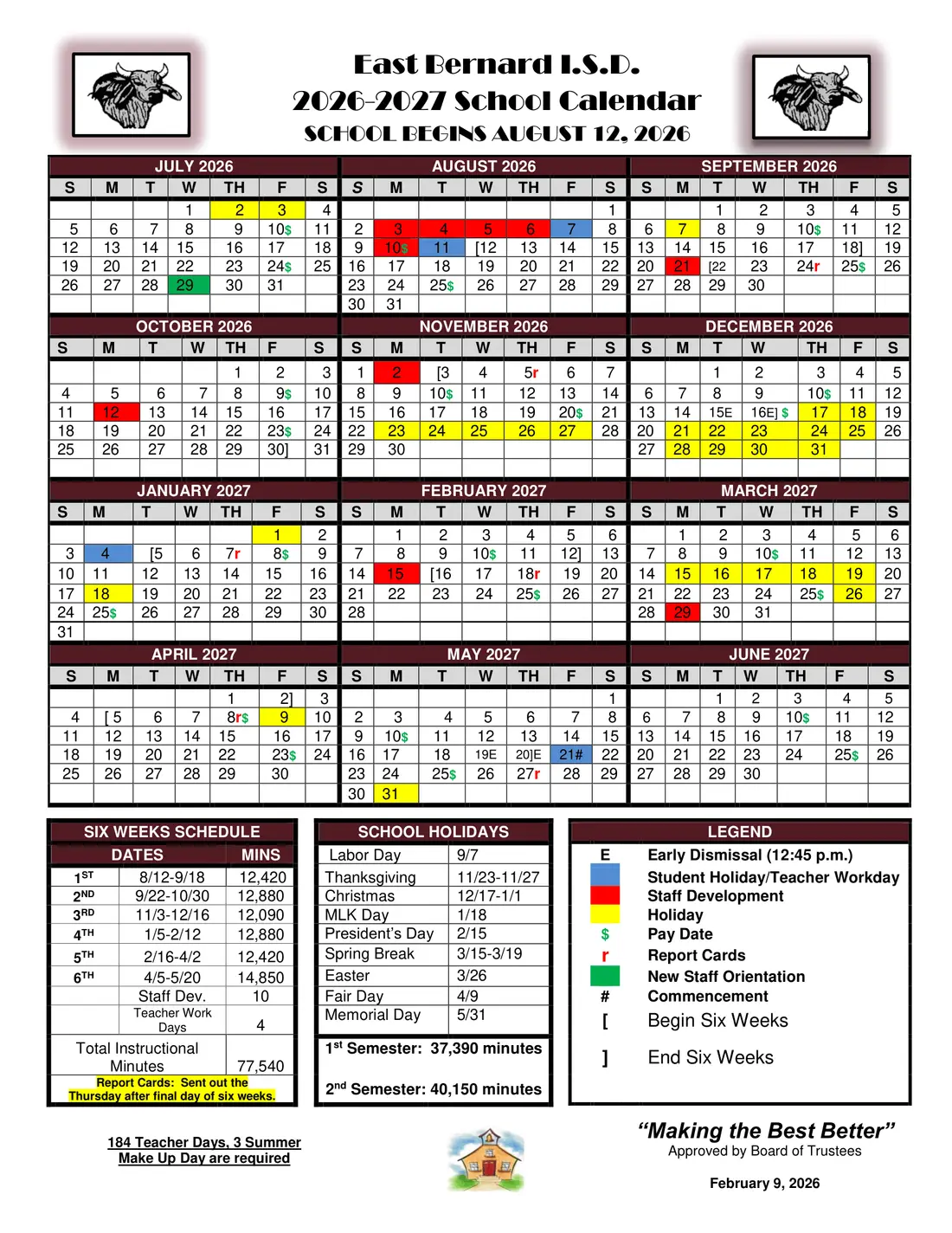 East Bernard ISD 2026–2027 academic calendar