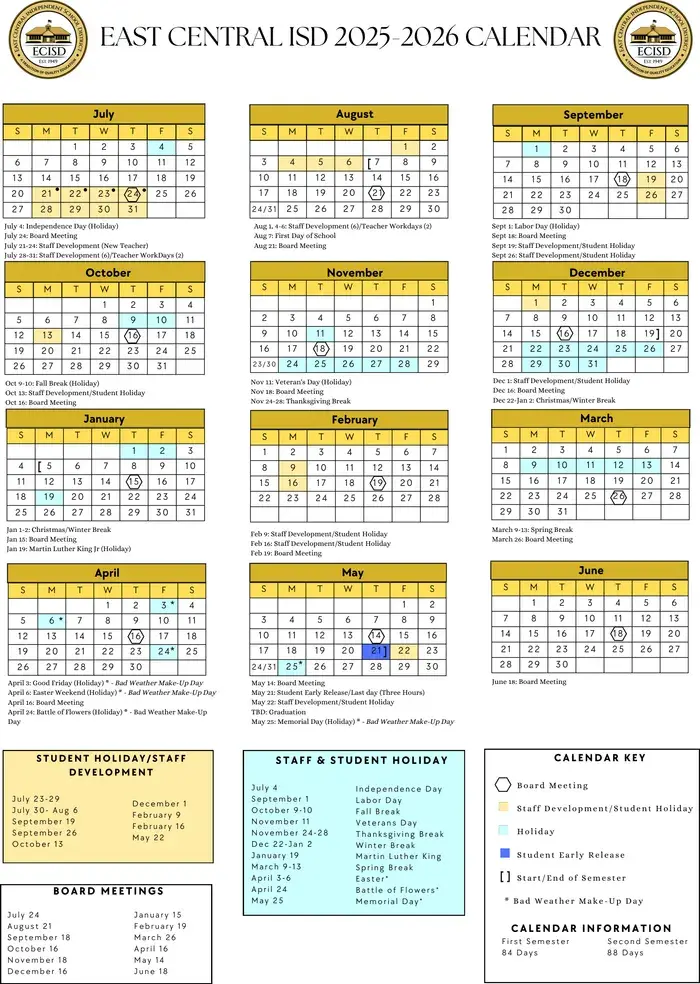 East Central ISD 2026–2027 academic calendar