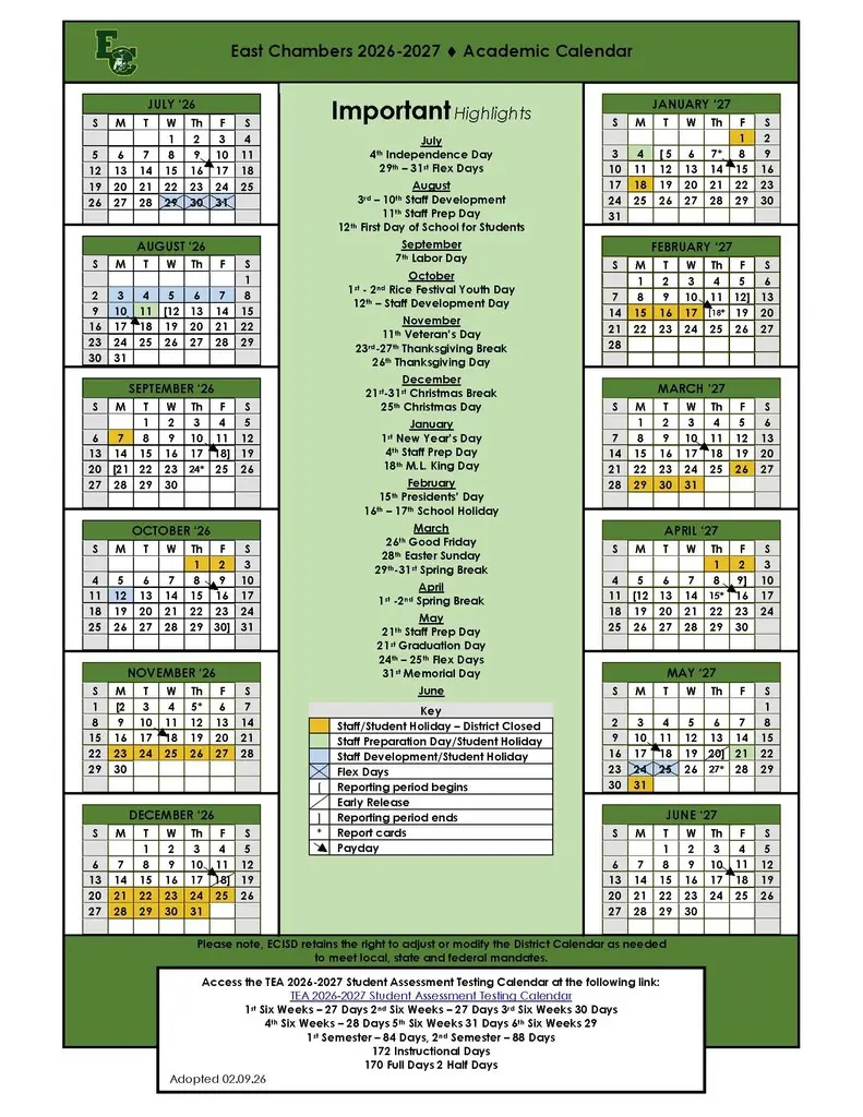 East Chambers ISD 2026–2027 academic calendar