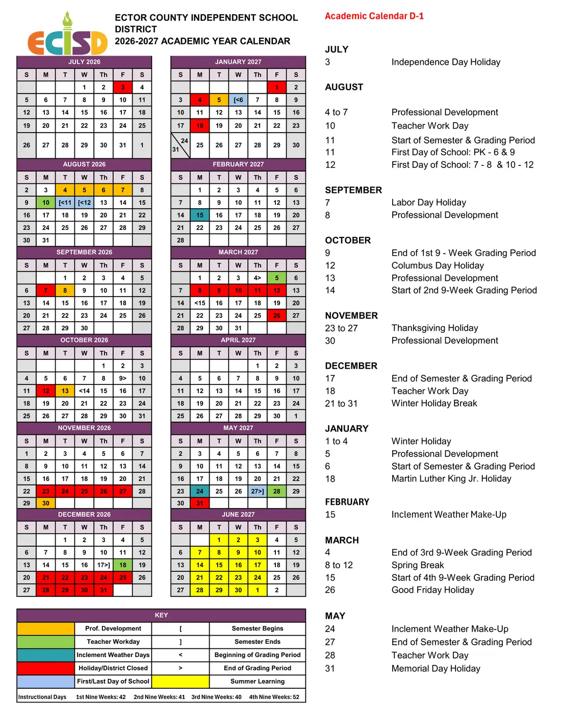 Ector County ISD 2026–2027 academic calendar