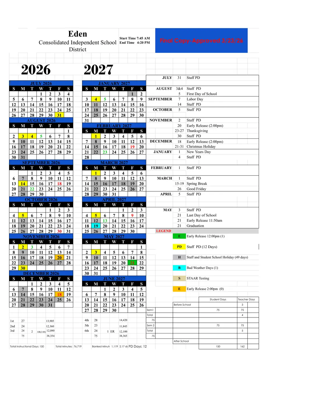 Eden CISD 2026–2027 academic calendar