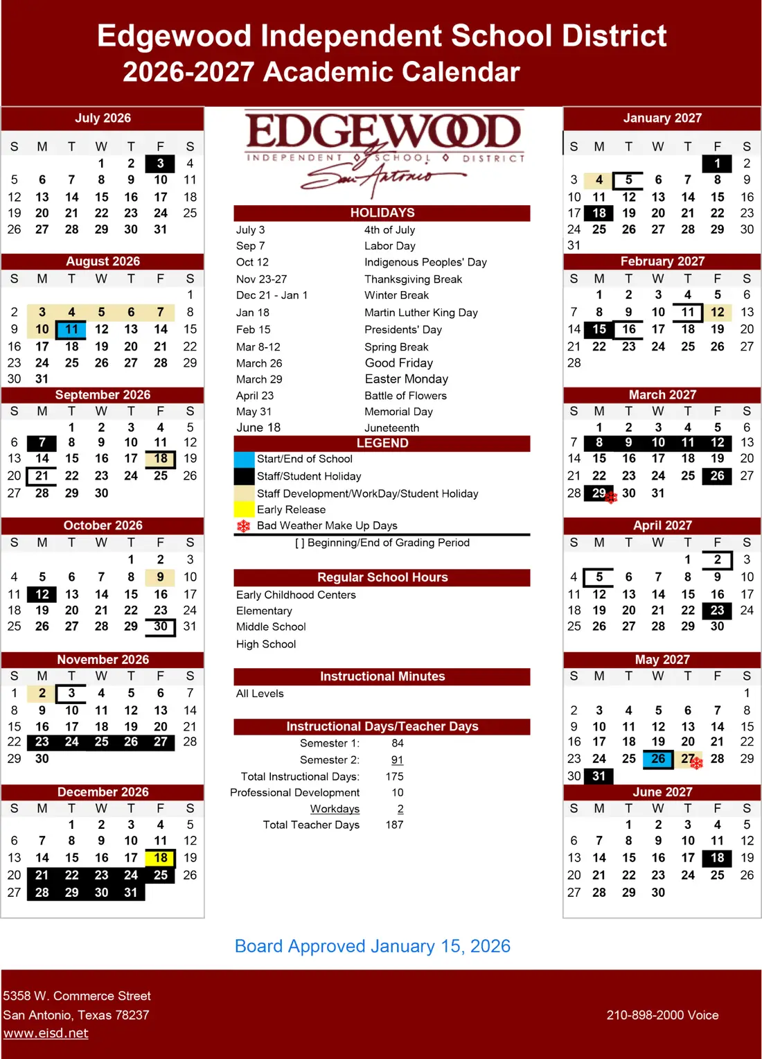 Edgewood ISD 2026–2027 academic calendar