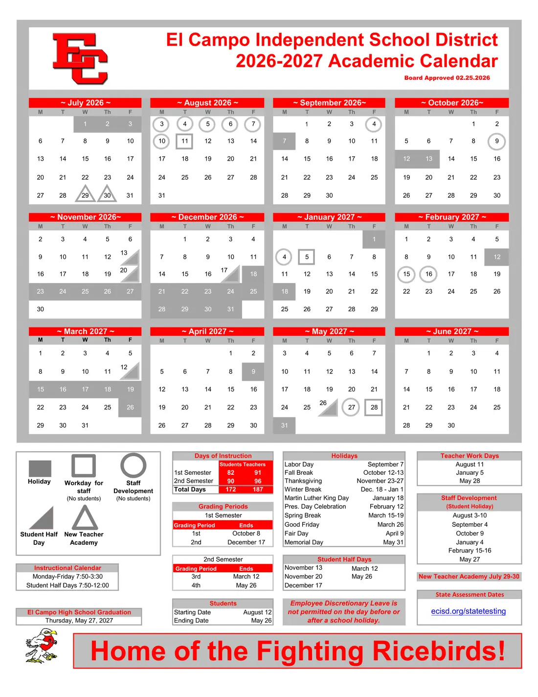 El Campo ISD 2026–2027 academic calendar