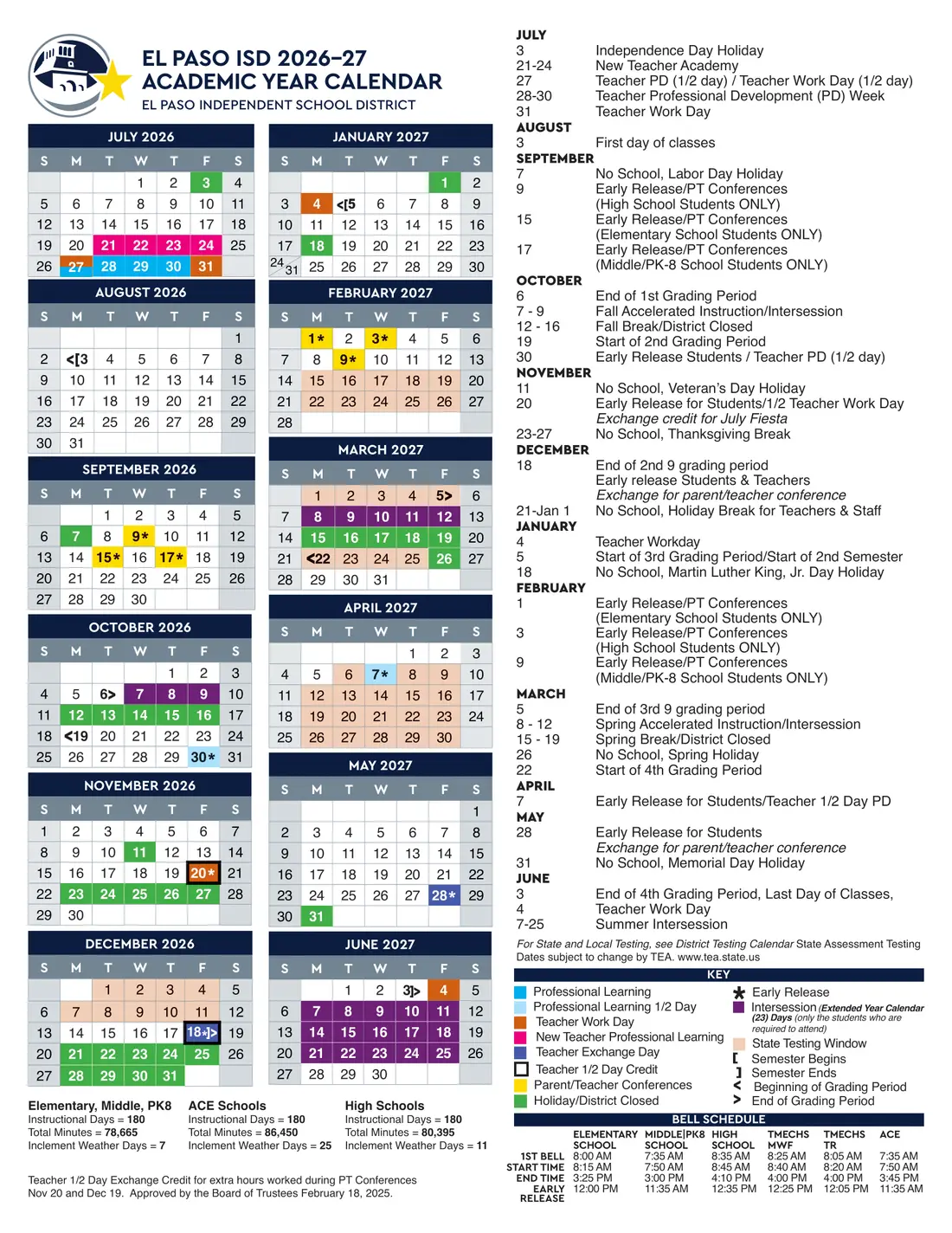 El Paso ISD 2026–2027 academic calendar