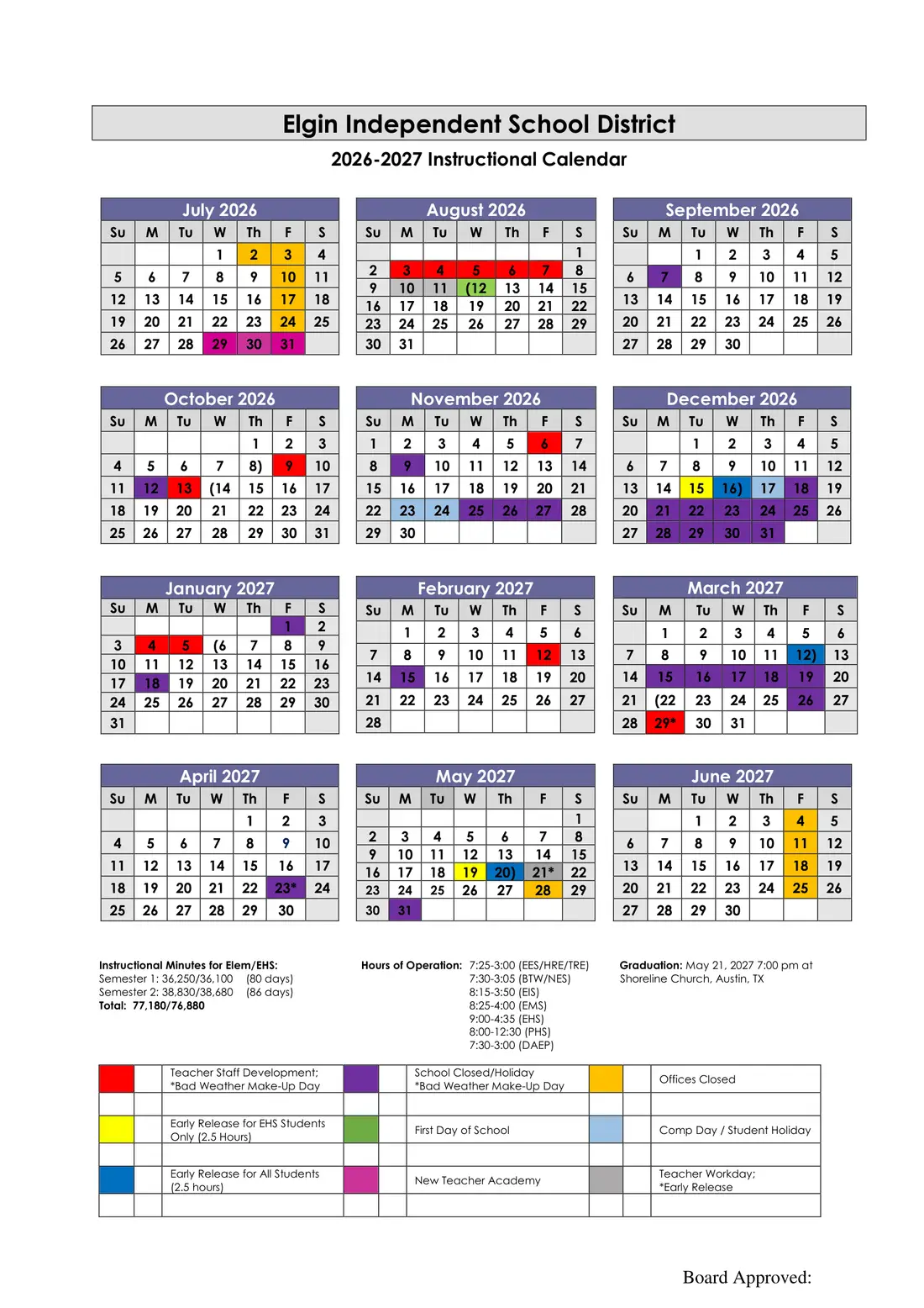 Elgin ISD 2026–2027 academic calendar
