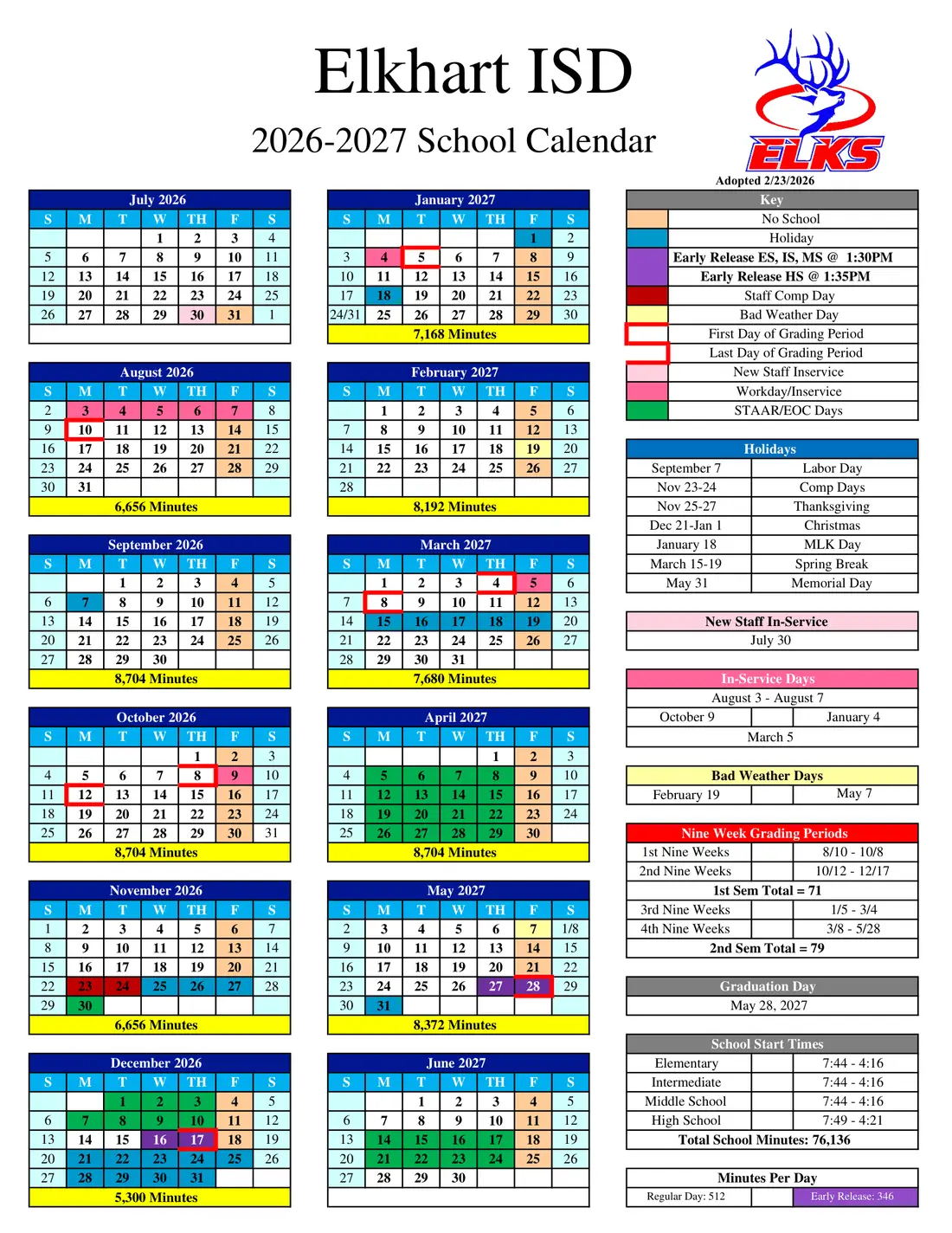 Elkhart ISD 2026–2027 academic calendar