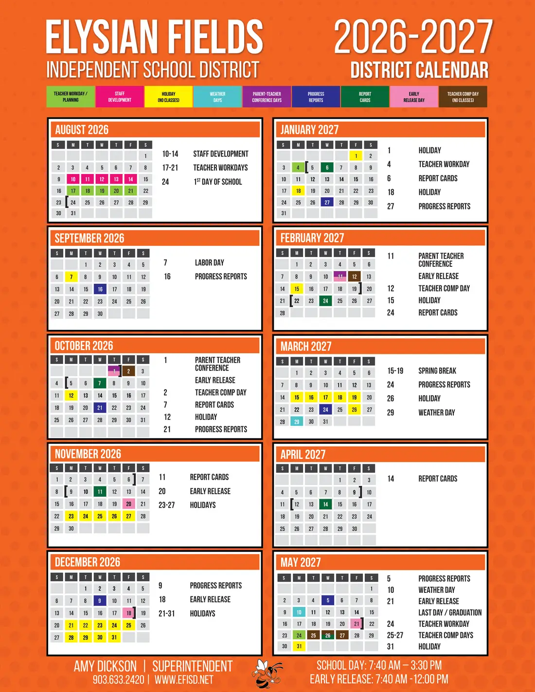 Elysian Fields ISD 2026–2027 academic calendar