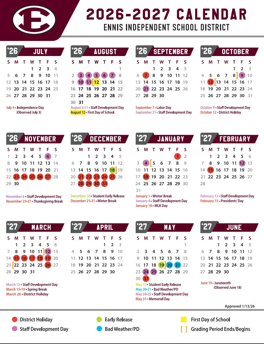 Ennis ISD 2026–2027 academic calendar