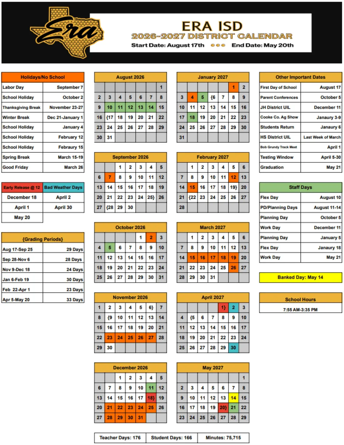 Era ISD 2026–2027 academic calendar