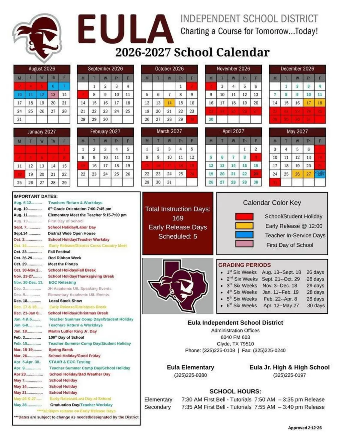 Eula ISD 2026–2027 academic calendar